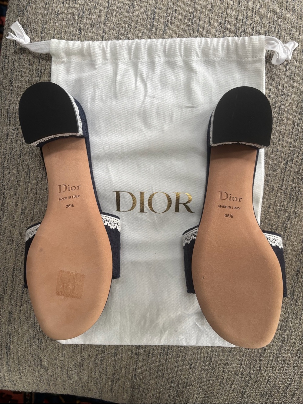 Dior Navy Slide Mules with White Lace Trim - Picture 2 of 3